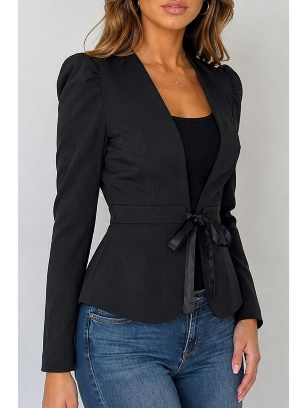 Y2K bebe Black Fitted Blazer – Puff Shoulders & Pink Satin Lining